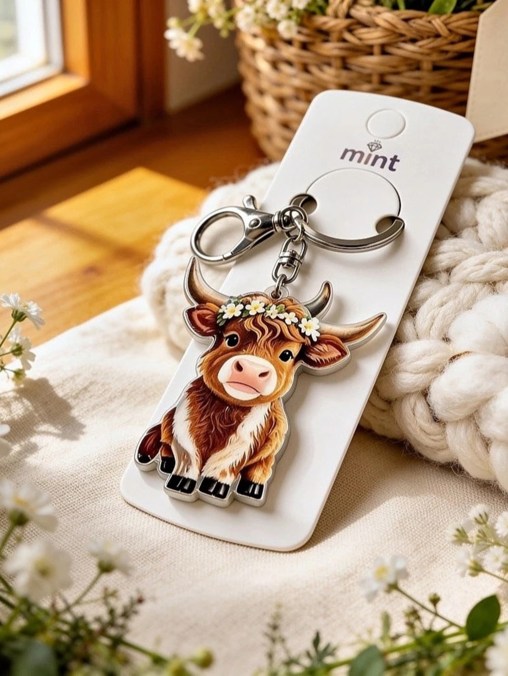 Highland Cow Acrylic Keychain Brown & Silver NWT